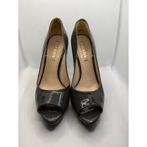 Prada Grey Patent Leather Peep Toe Stiletto Platform Pumps [EU 39 / US 9]